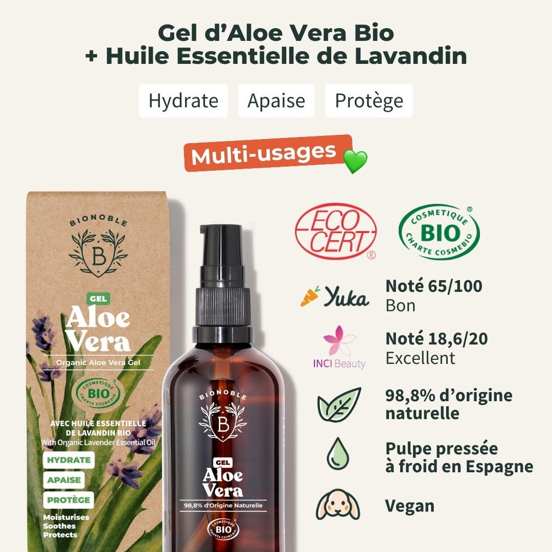 Gel Aloe Vera Bio 100% Pur et Natif - Visage, Corps, Cheveux - Bionoble